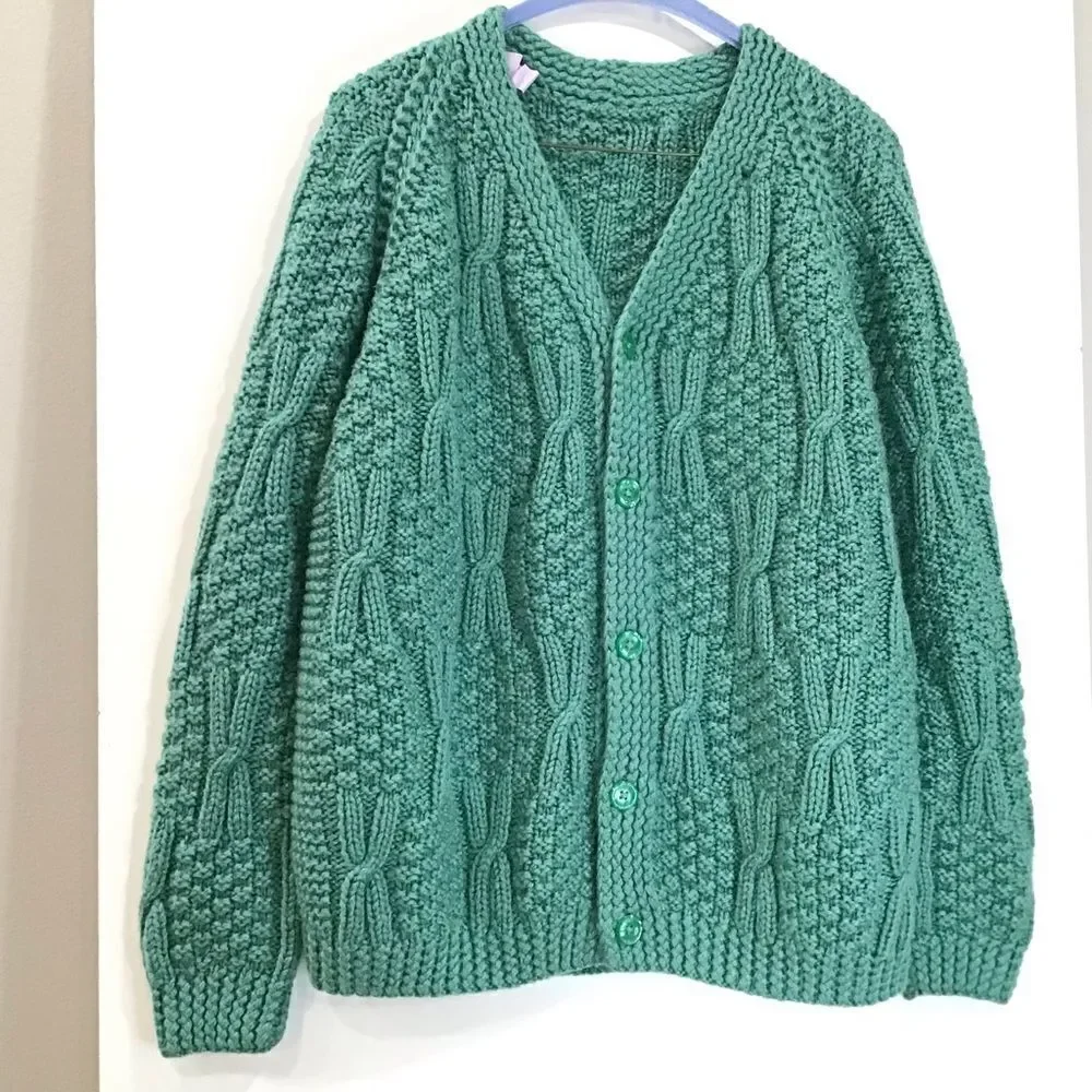 Cable Knit Cardigan, Green Teal